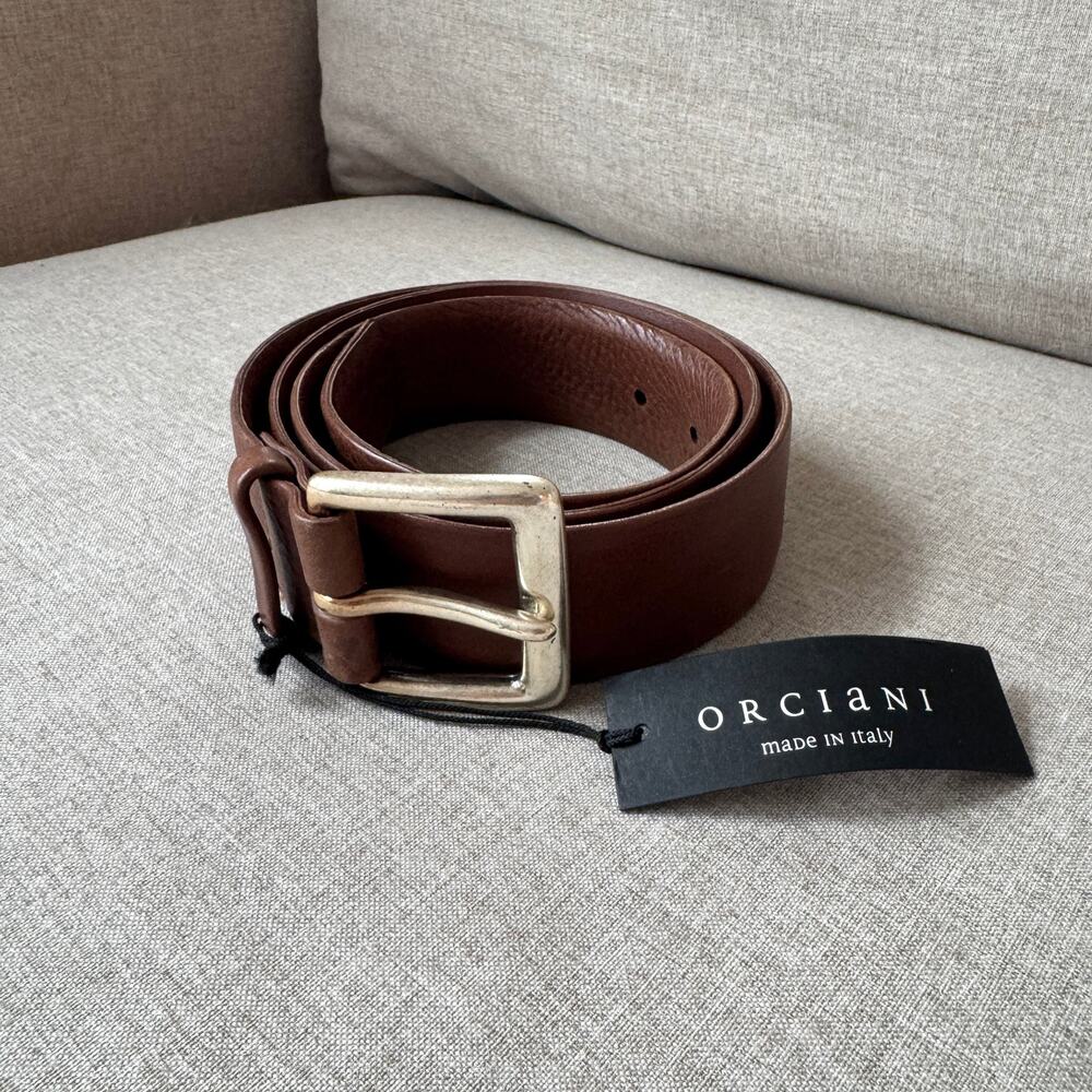 Orciani Copper Moka Brown Italian Leather Silver Square Buckle Belt 100 NEW 36